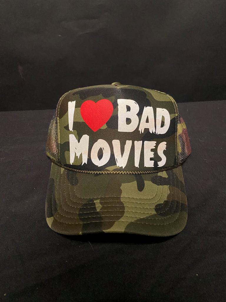 I Love Bad Movies Horror Trucker Hat - camo
