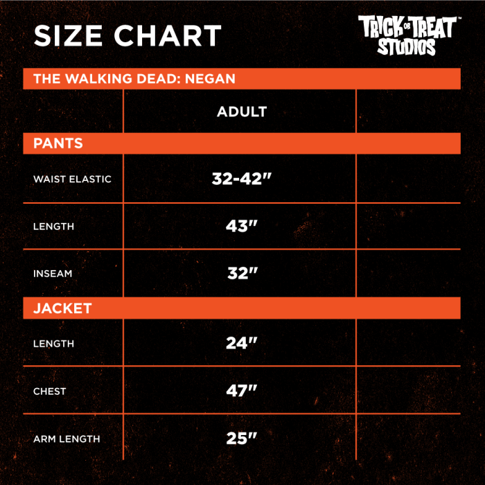 Negan Walking Dead Costume - Size Chart